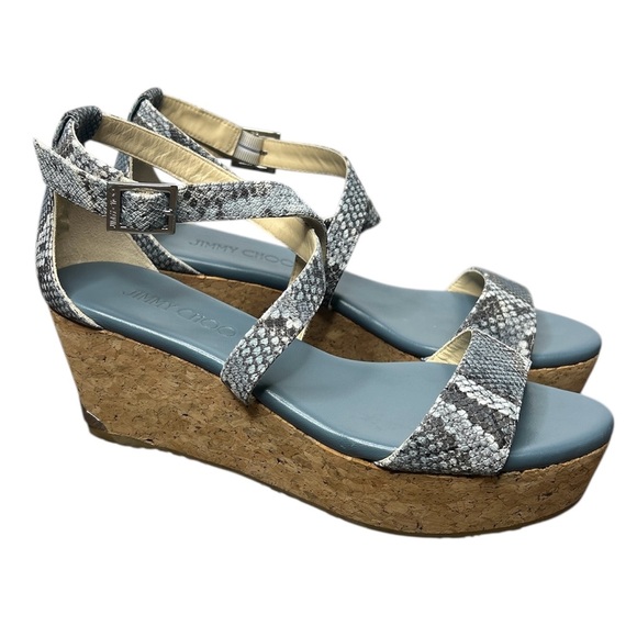 Jimmy Choo Portia Snake Embossed Cork Wedge Sandals Platform Designer Size 37.5 - Picture 2 of 7